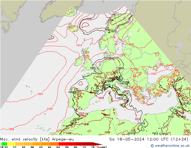 Max. wind velocity Arpege-eu Sa 18.05.2024 12 UTC