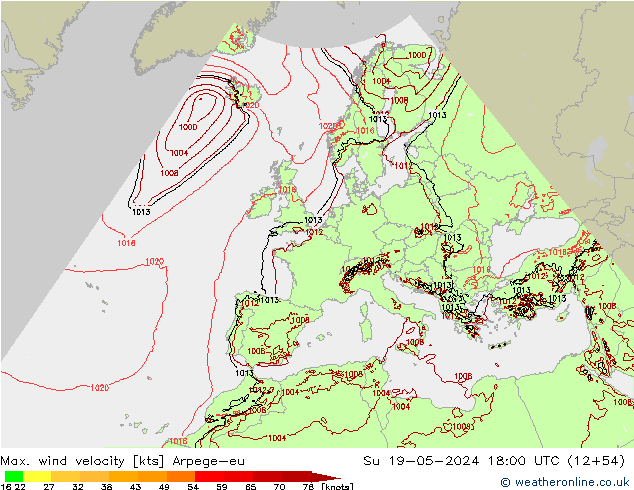 Max. wind velocity Arpege-eu Ne 19.05.2024 18 UTC