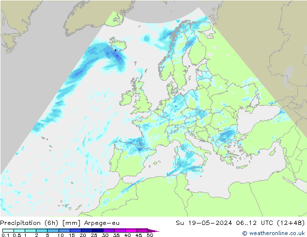 Precipitation (6h) Arpege-eu Su 19.05.2024 12 UTC