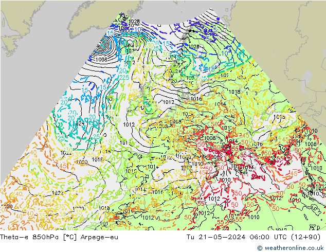 Theta-e 850hPa Arpege-eu Di 21.05.2024 06 UTC