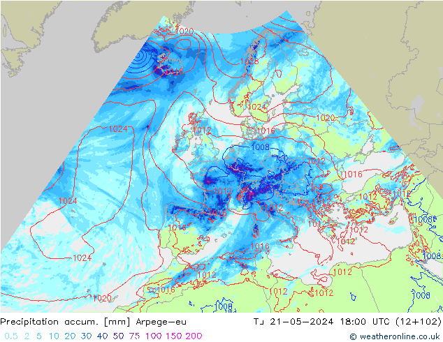 Precipitation accum. Arpege-eu wto. 21.05.2024 18 UTC