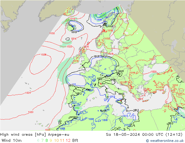 High wind areas Arpege-eu сб 18.05.2024 00 UTC