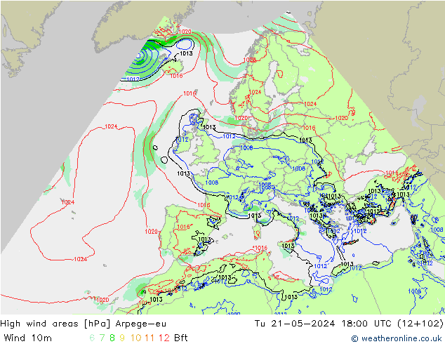 High wind areas Arpege-eu Tu 21.05.2024 18 UTC