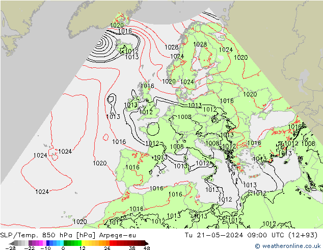 SLP/Temp. 850 hPa Arpege-eu Di 21.05.2024 09 UTC