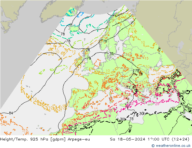 Height/Temp. 925 hPa Arpege-eu Sa 18.05.2024 12 UTC