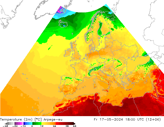 température (2m) Arpege-eu ven 17.05.2024 18 UTC