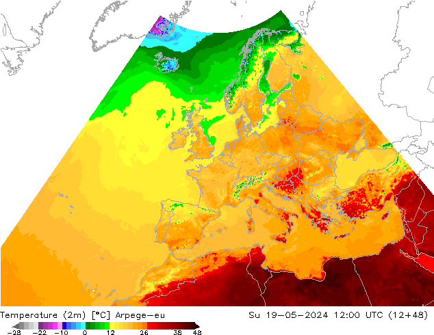 température (2m) Arpege-eu dim 19.05.2024 12 UTC