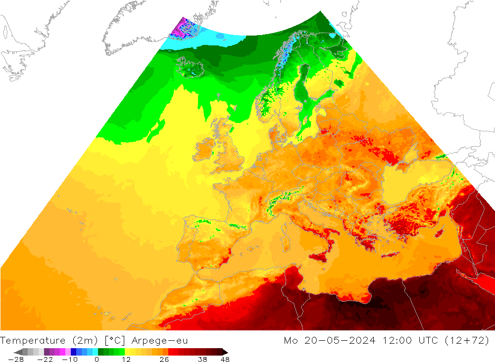 Temperature (2m) Arpege-eu Mo 20.05.2024 12 UTC