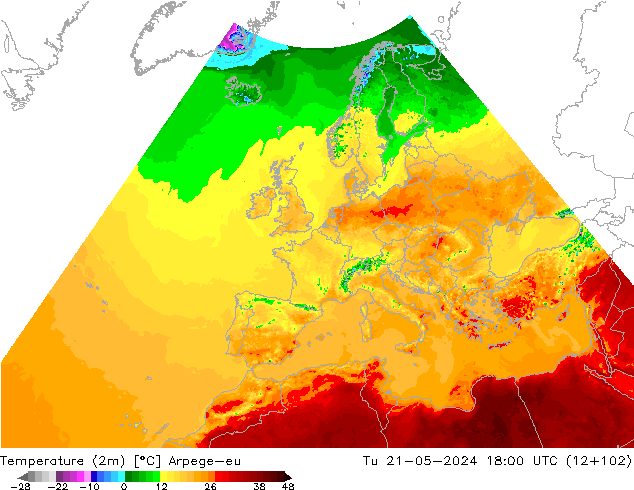 Temperature (2m) Arpege-eu Tu 21.05.2024 18 UTC