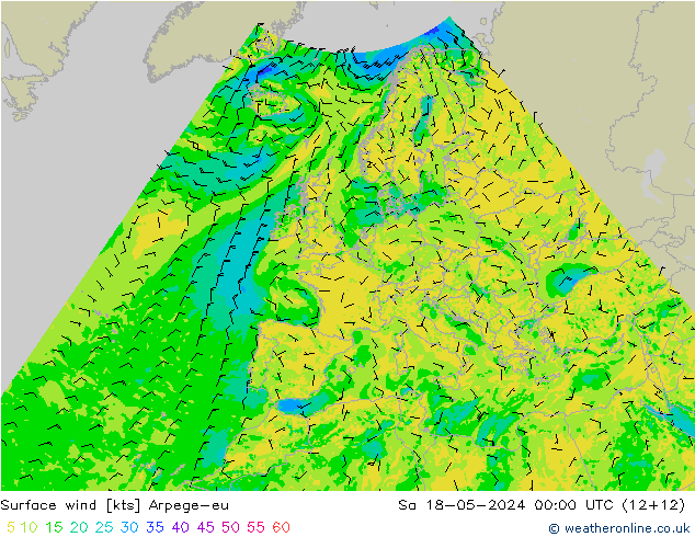 wiatr 10 m Arpege-eu so. 18.05.2024 00 UTC