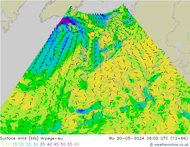 Surface wind Arpege-eu Mo 20.05.2024 06 UTC
