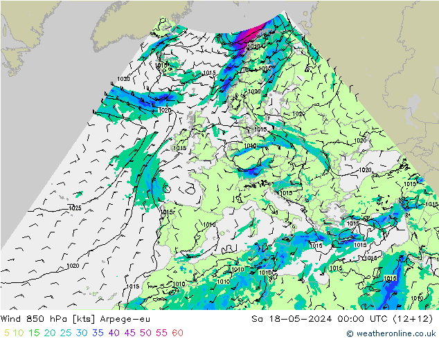 Vento 850 hPa Arpege-eu sab 18.05.2024 00 UTC