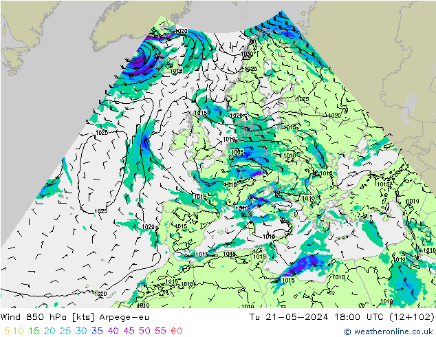 Rüzgar 850 hPa Arpege-eu Sa 21.05.2024 18 UTC