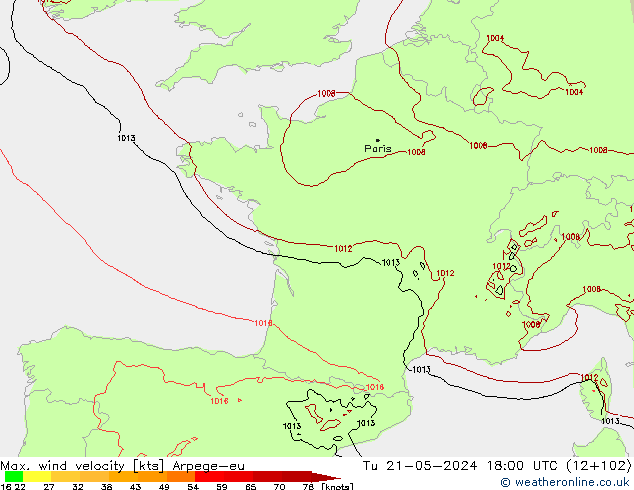 Max. wind velocity Arpege-eu mar 21.05.2024 18 UTC