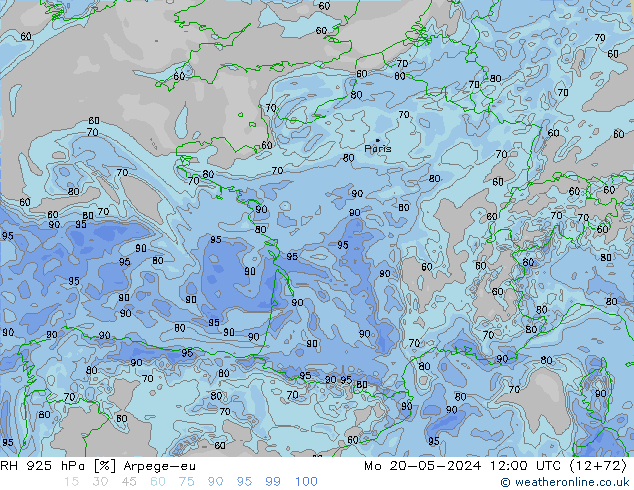 RH 925 hPa Arpege-eu Mo 20.05.2024 12 UTC