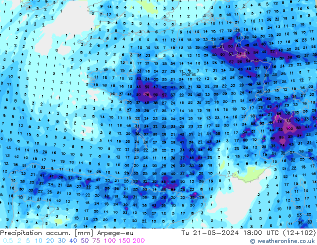 Precipitation accum. Arpege-eu Út 21.05.2024 18 UTC