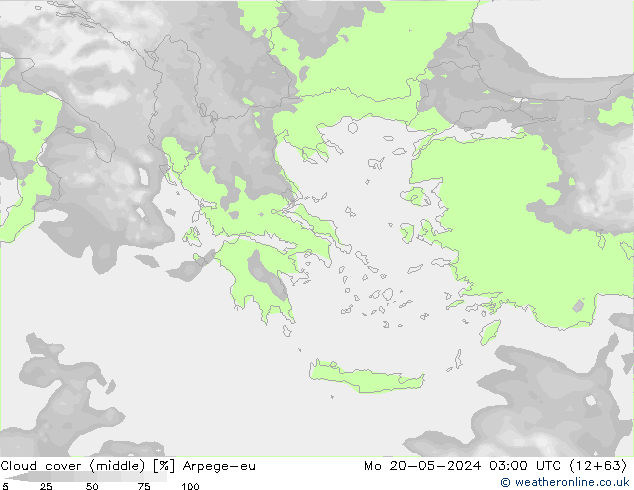 Cloud cover (middle) Arpege-eu Mo 20.05.2024 03 UTC