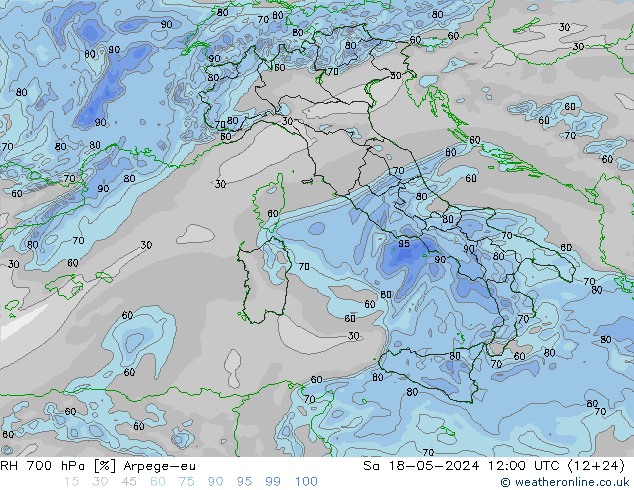 RH 700 hPa Arpege-eu sab 18.05.2024 12 UTC