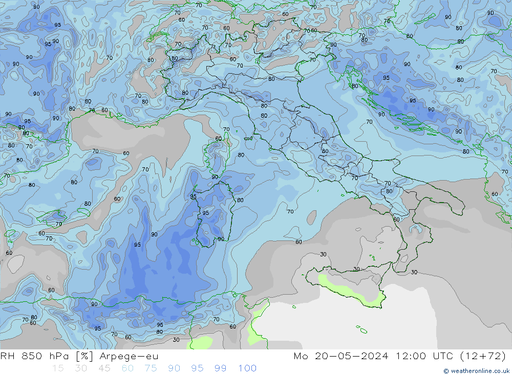 Humidité rel. 850 hPa Arpege-eu lun 20.05.2024 12 UTC