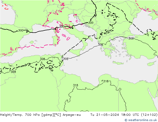 Height/Temp. 700 hPa Arpege-eu Út 21.05.2024 18 UTC