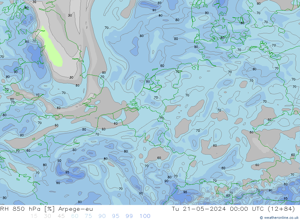 RH 850 hPa Arpege-eu Tu 21.05.2024 00 UTC