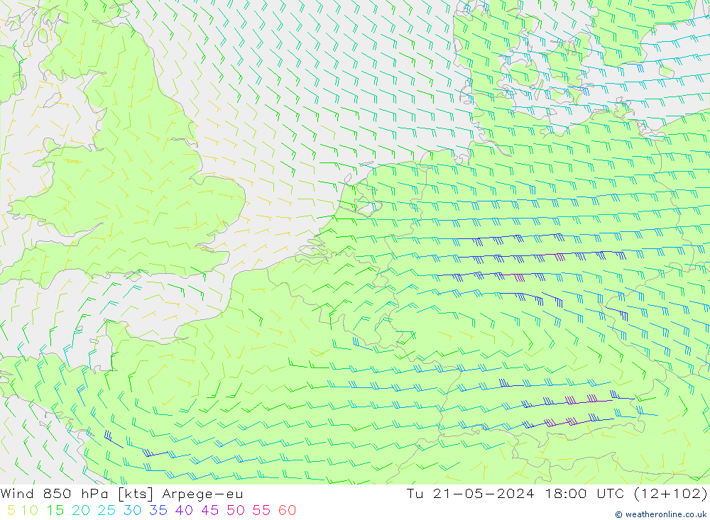 Wind 850 hPa Arpege-eu Tu 21.05.2024 18 UTC
