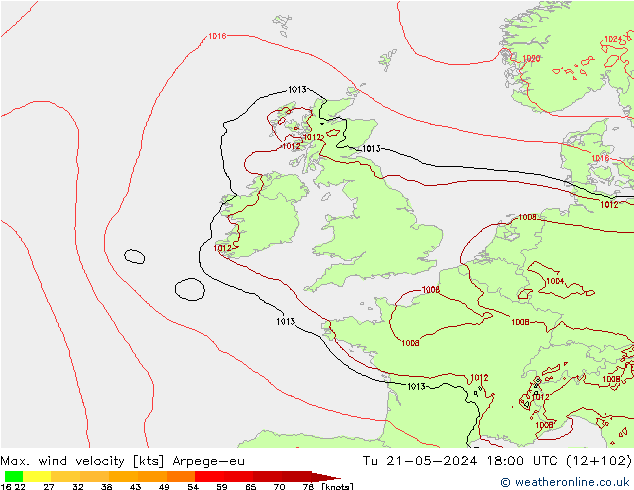 Max. wind velocity Arpege-eu mar 21.05.2024 18 UTC