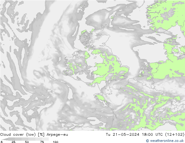 Cloud cover (low) Arpege-eu Tu 21.05.2024 18 UTC