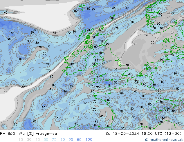 RH 850 hPa Arpege-eu Sáb 18.05.2024 18 UTC