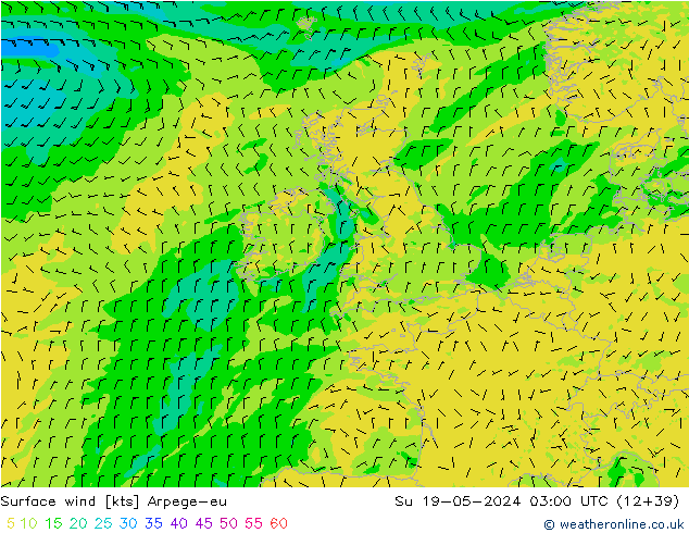 Wind 10 m Arpege-eu zo 19.05.2024 03 UTC