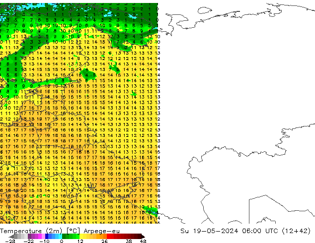 Sıcaklık Haritası (2m) Arpege-eu Paz 19.05.2024 06 UTC
