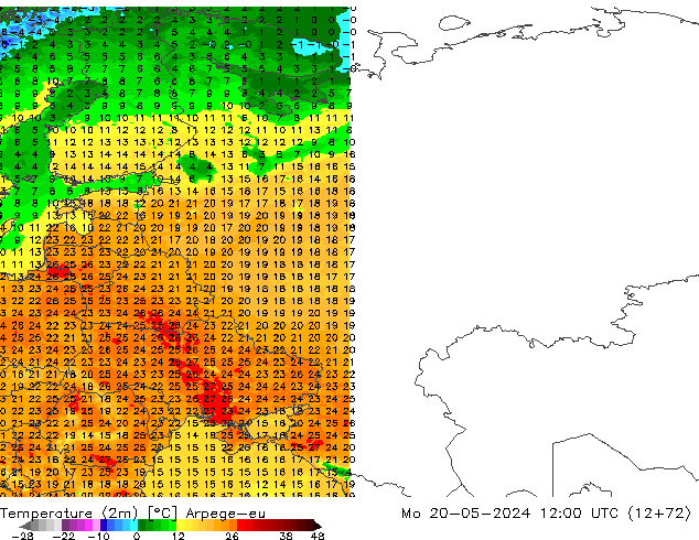 Temperatuurkaart (2m) Arpege-eu ma 20.05.2024 12 UTC
