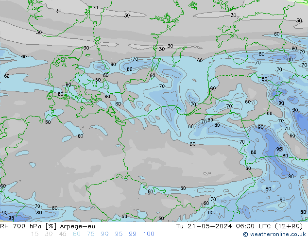 RH 700 hPa Arpege-eu Tu 21.05.2024 06 UTC