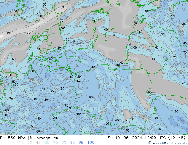 RH 850 hPa Arpege-eu Ne 19.05.2024 12 UTC