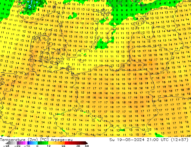 Temperatuurkaart (2m) Arpege-eu zo 19.05.2024 21 UTC