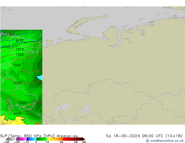 SLP/Temp. 850 hPa Arpege-eu Sa 18.05.2024 06 UTC