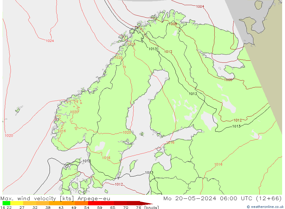 Max. wind velocity Arpege-eu Mo 20.05.2024 06 UTC