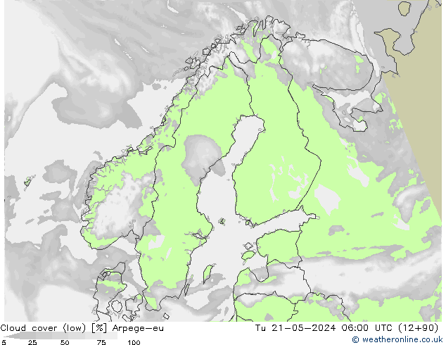 Cloud cover (low) Arpege-eu Tu 21.05.2024 06 UTC
