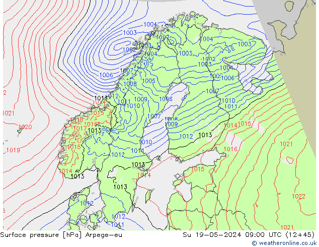 Pressione al suolo Arpege-eu dom 19.05.2024 09 UTC