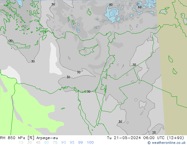 RH 850 hPa Arpege-eu Tu 21.05.2024 06 UTC