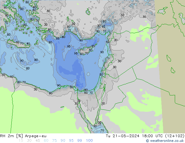 Humidité rel. 2m Arpege-eu mar 21.05.2024 18 UTC