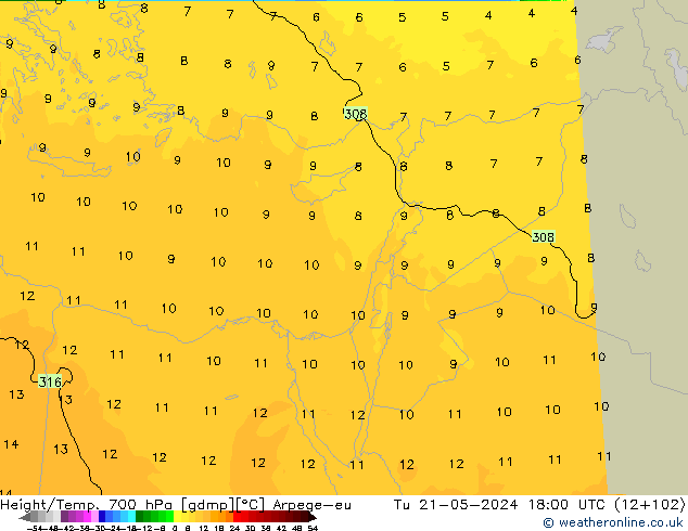 Height/Temp. 700 hPa Arpege-eu Út 21.05.2024 18 UTC