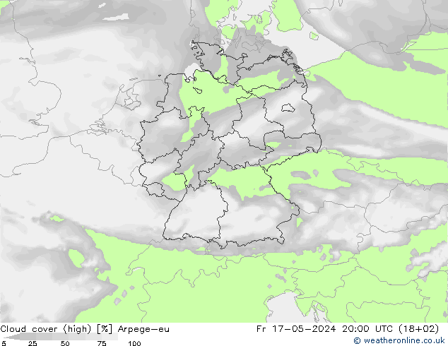 Cloud cover (high) Arpege-eu Fr 17.05.2024 20 UTC