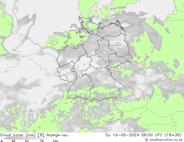 Cloud cover (low) Arpege-eu Su 19.05.2024 06 UTC