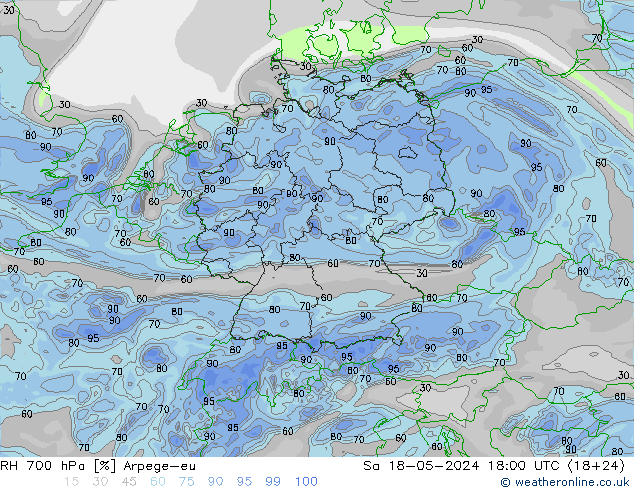 RH 700 hPa Arpege-eu 星期六 18.05.2024 18 UTC