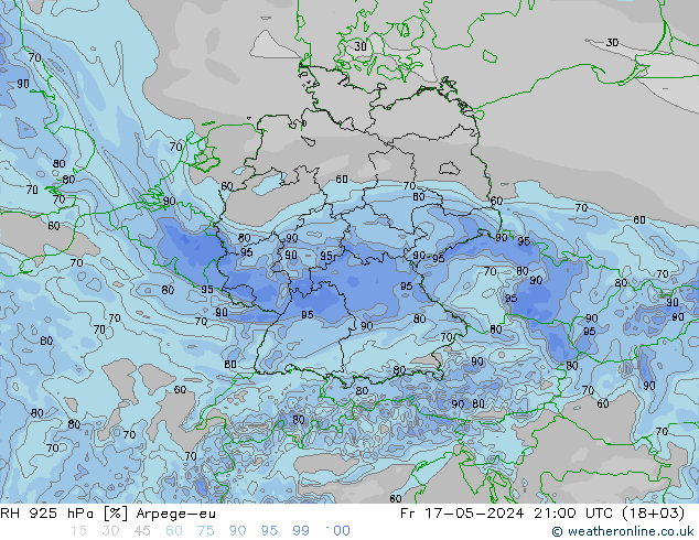 Humidité rel. 925 hPa Arpege-eu ven 17.05.2024 21 UTC
