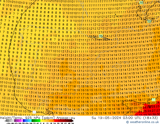 Height/Temp. 925 hPa Arpege-eu nie. 19.05.2024 03 UTC