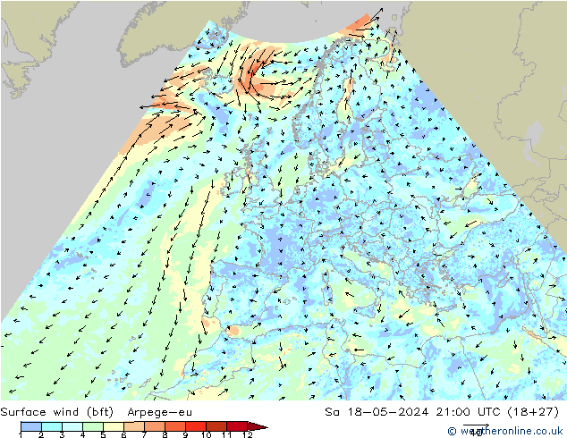 Surface wind (bft) Arpege-eu So 18.05.2024 21 UTC