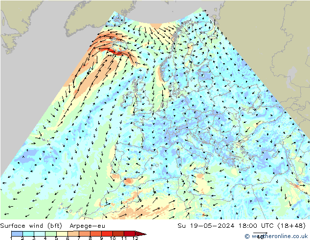 Wind 10 m (bft) Arpege-eu zo 19.05.2024 18 UTC