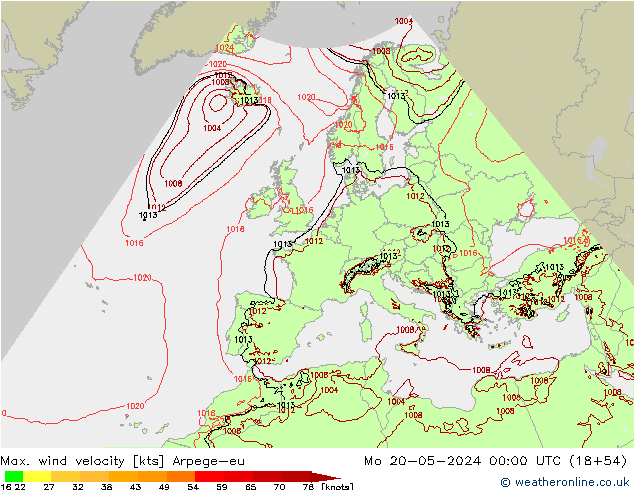 Max. wind velocity Arpege-eu Po 20.05.2024 00 UTC